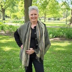 Large Striped Handwoven Wrap Scarf with Fringe - Grey, Tan, and Purple